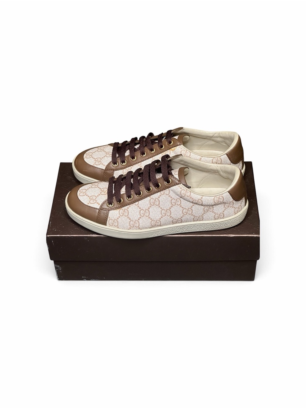 Gucci Beige Monogram & Brown Leather Low-Top Sneakers
